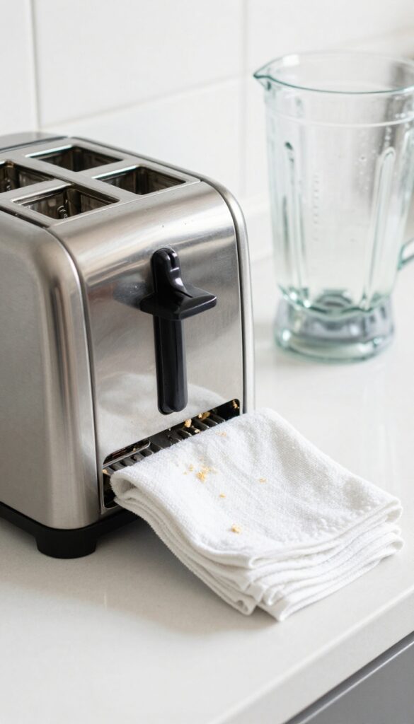 Clean small appliances on a kitchen countertop, toaster and blender, with cleaning cloth and soapy water