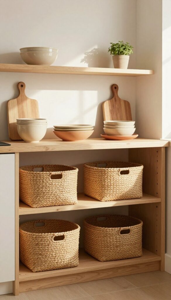 Open kitchen shelves with woven baskets and ceramic dishes in warm tones