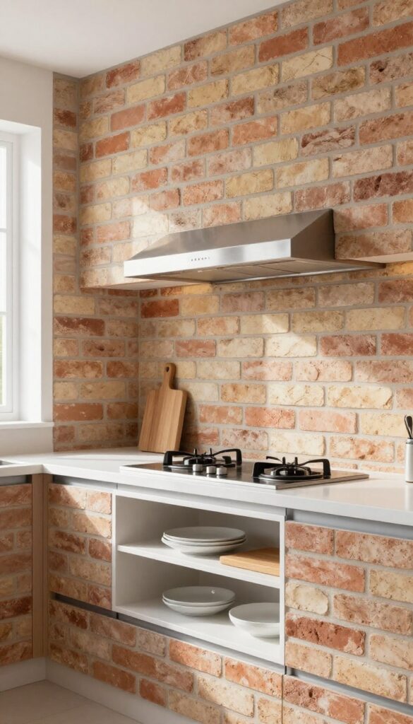 Modern kitchen with a brick surround around a range hood, warm terracotta brick, white quartz countertop, open shelving with white dishes, under-cabinet lighting, bright natural light.