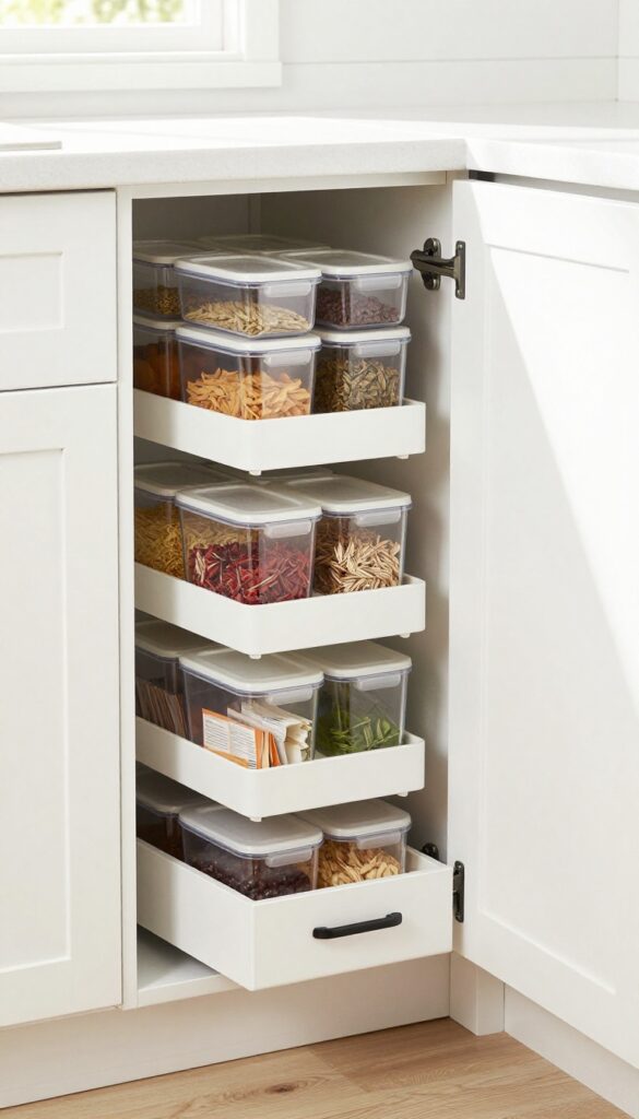 Pull-out pantry in a tiny house kitchen with organized dry goods and spices
