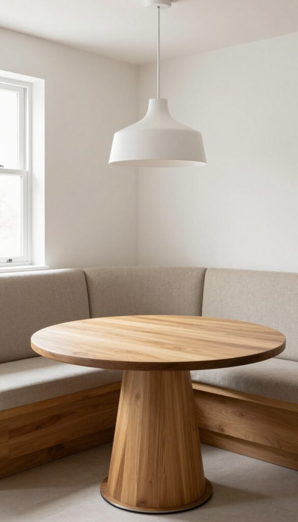A cozy breakfast nook with a round table and built-in banquette seating, featuring a pendant light and natural light from a window.