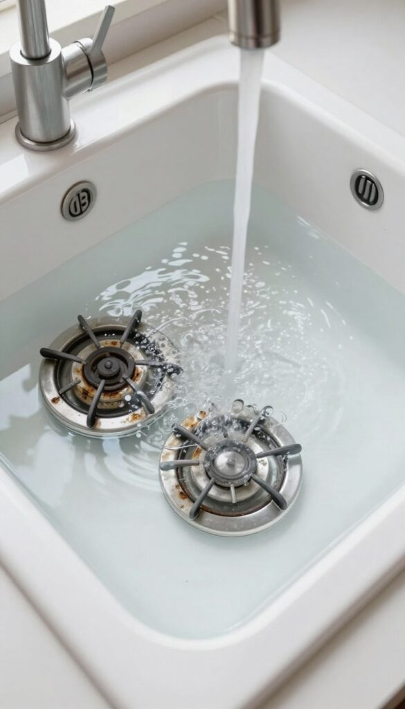 Stove burner grates soaking in a baking soda solution in a kitchen sink