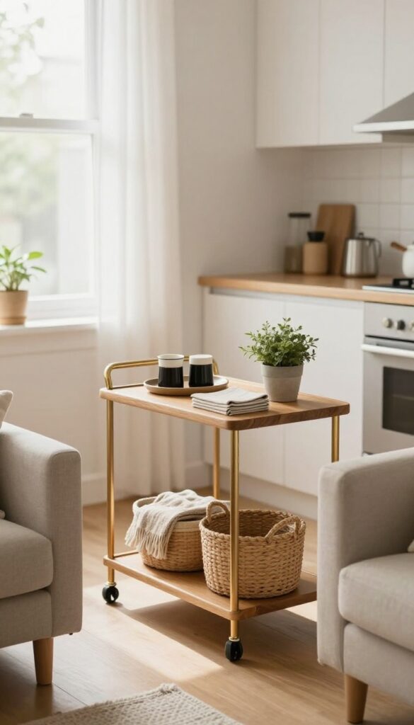 A slim wooden rolling cart with brass accents provides extra storage and surface area in a small open kitchen and living room, styled with coffee supplies, linen napkins, and a basket of throws.