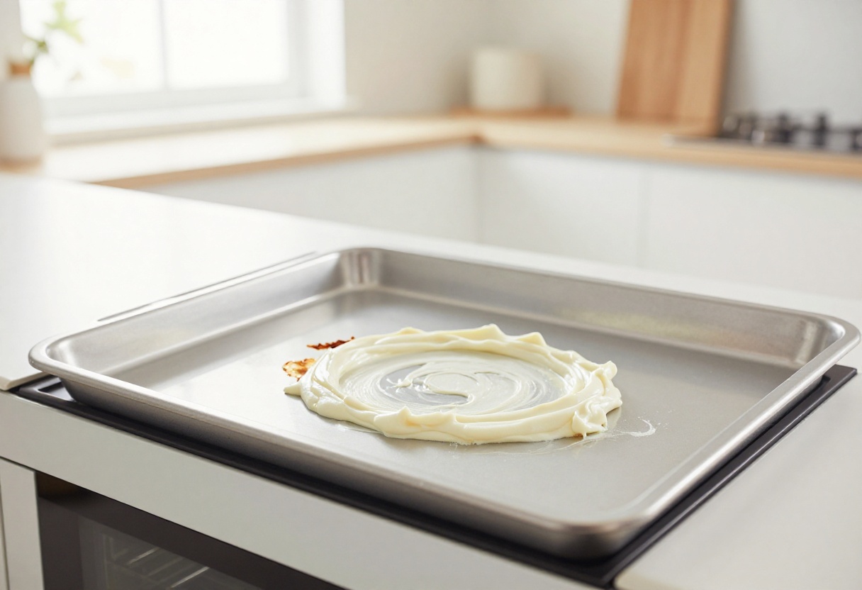 Applying baking soda paste to clean burnt oven glass door