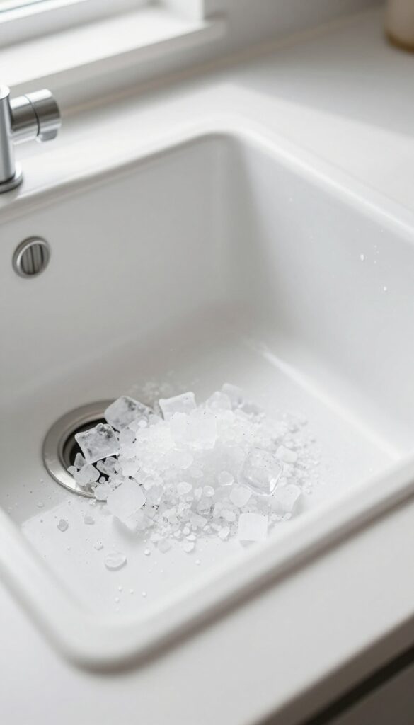 Ice cubes and rock salt in a garbage disposal for a deep scrub cleaning method.