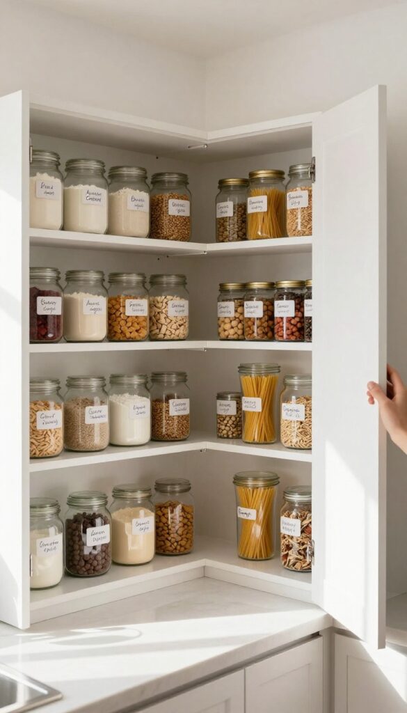 Organized pantry with clear labeled jars and grouped canned goods, clean shelves, natural light.