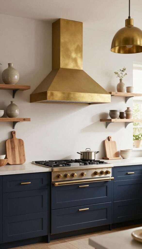 Navy blue kitchen cabinets with a brass range hood, warm wood shelves, and natural light