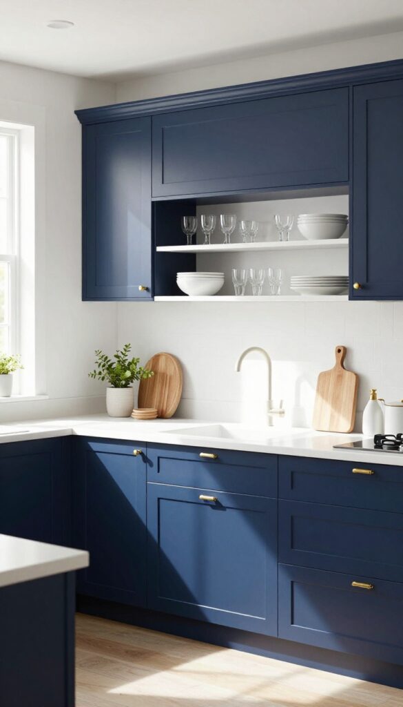 Navy lower cabinets with open upper shelving in a light-filled kitchen, displaying white dishes and a plant.