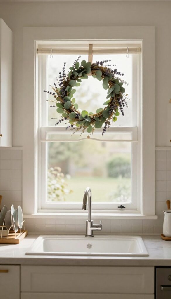 Kitchen sink window with a seasonal swag wreath of faux eucalyptus and dried lavender draped above, creating a charming yet uncluttered look.