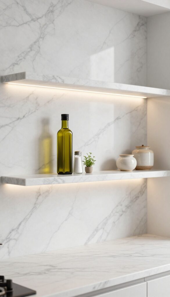 Marble backsplash with built-in floating shelves in a bright, clean kitchen, holding minimal kitchen essentials like olive oil and herbs.