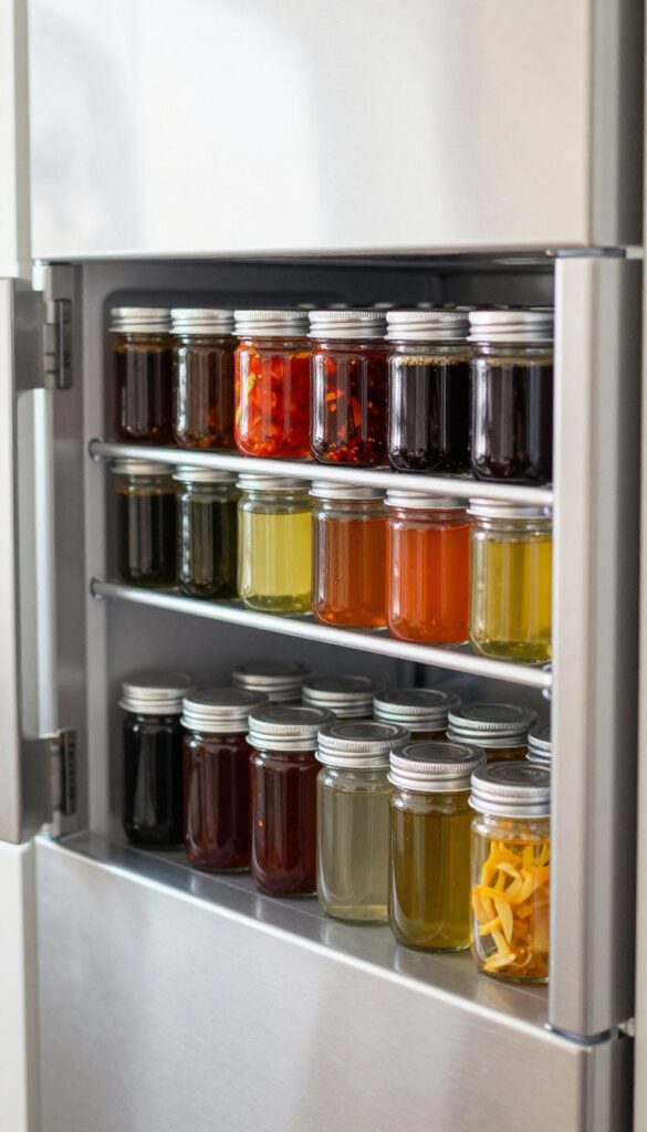 Magnetic spice jars on fridge door holding small oils