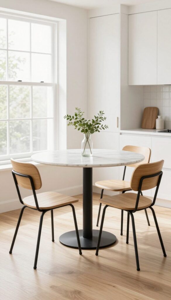 Modern kitchen breakfast nook with round pedestal table and slim chairs by window