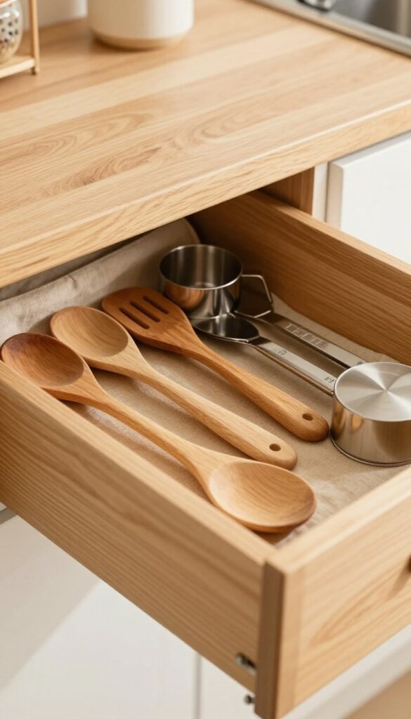 Close-up of a deep kitchen drawer with custom wooden dividers organizing utensils and gadgets in a warm, cozy kitchen.