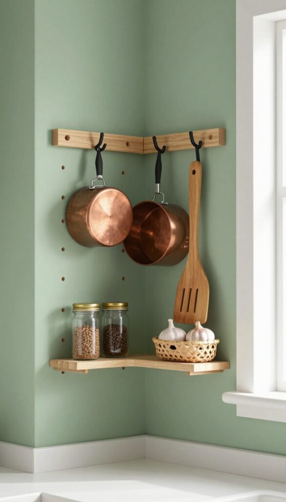 A kitchen corner with a sage green pegboard holding pots, spices, and garlic in a warm, organized display