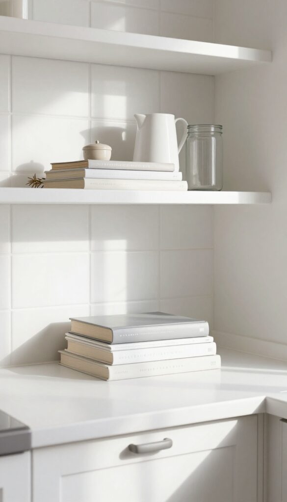 Kitchen open shelf with horizontally stacked cookbooks and small ceramic decor, light and airy style.
