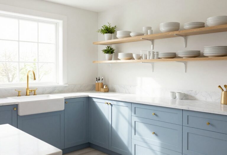 Bright kitchen with blue cabinets and gold brass faucet
