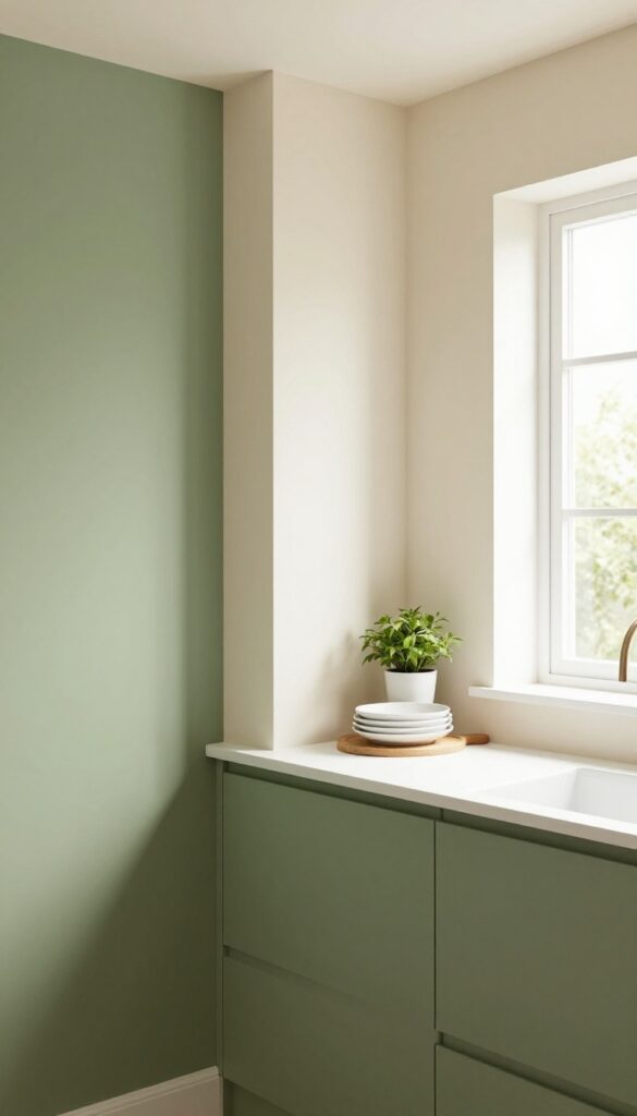 Two-tone green and cream kitchen wall treatment in a small space with natural light and a shelf at the dividing line