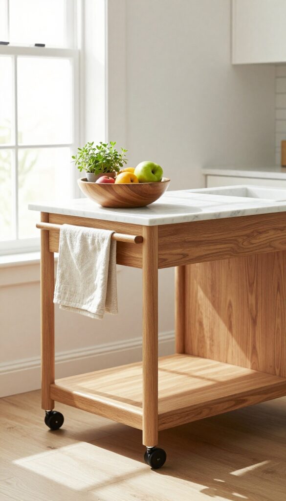 Rolling cart with fruits and herbs under kitchen counter