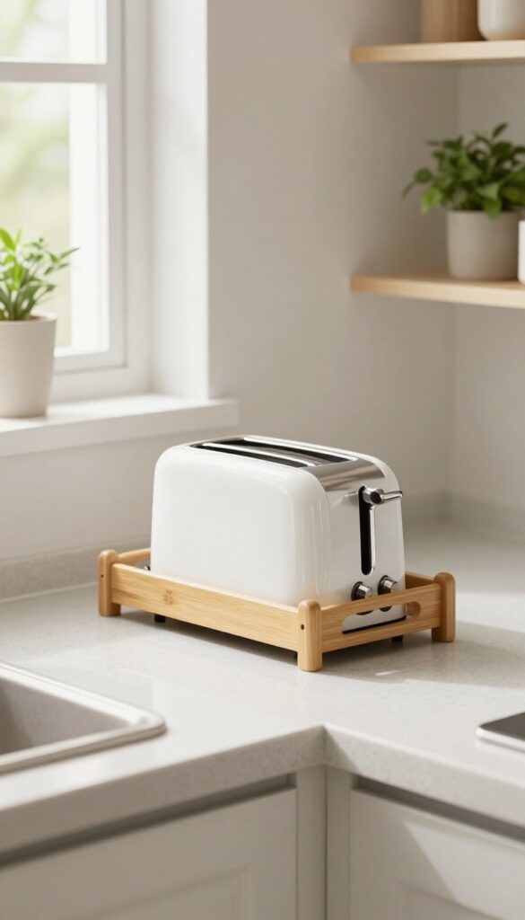 Light bamboo corner caddy with white kettle and toaster on a clean kitchen countertop near a window