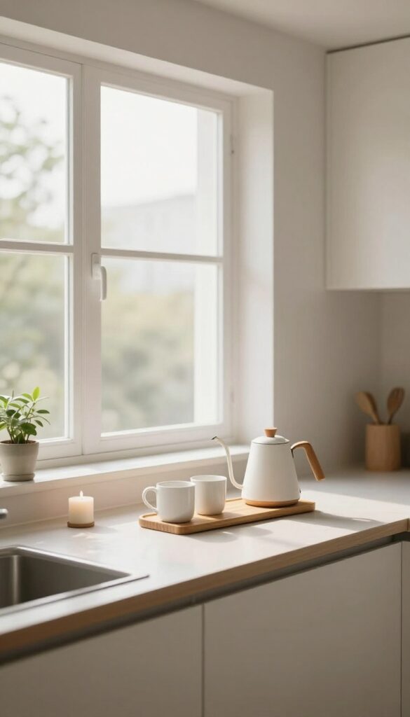 Minimalist coffee station on a wide kitchen windowsill with pour-over dripper, kettle, mugs, and a small plant.