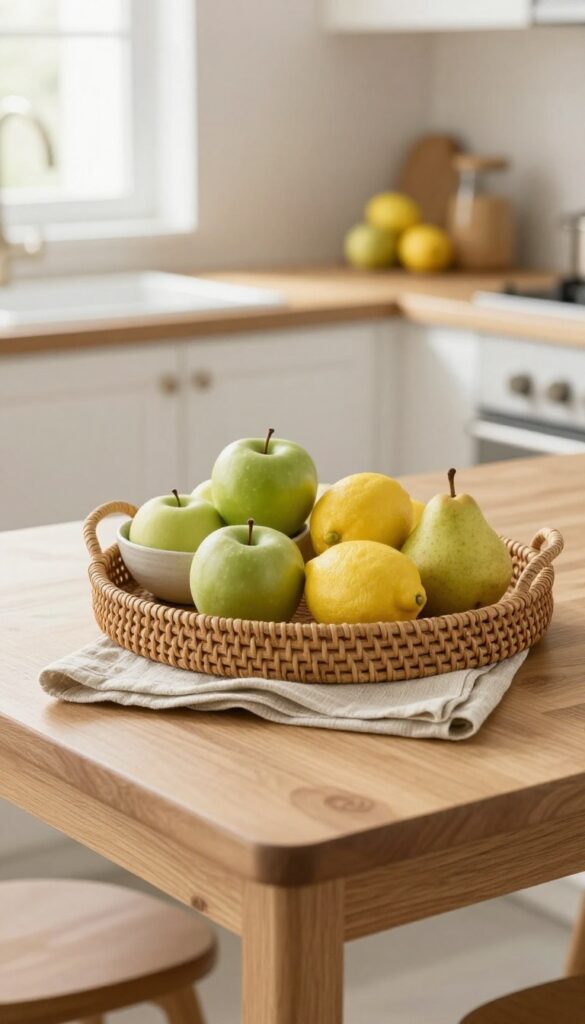 Round woven tray on kitchen island with ceramic fruit bowl and folded linen napkin underneath, filled with green apples, lemons, and pears in natural light