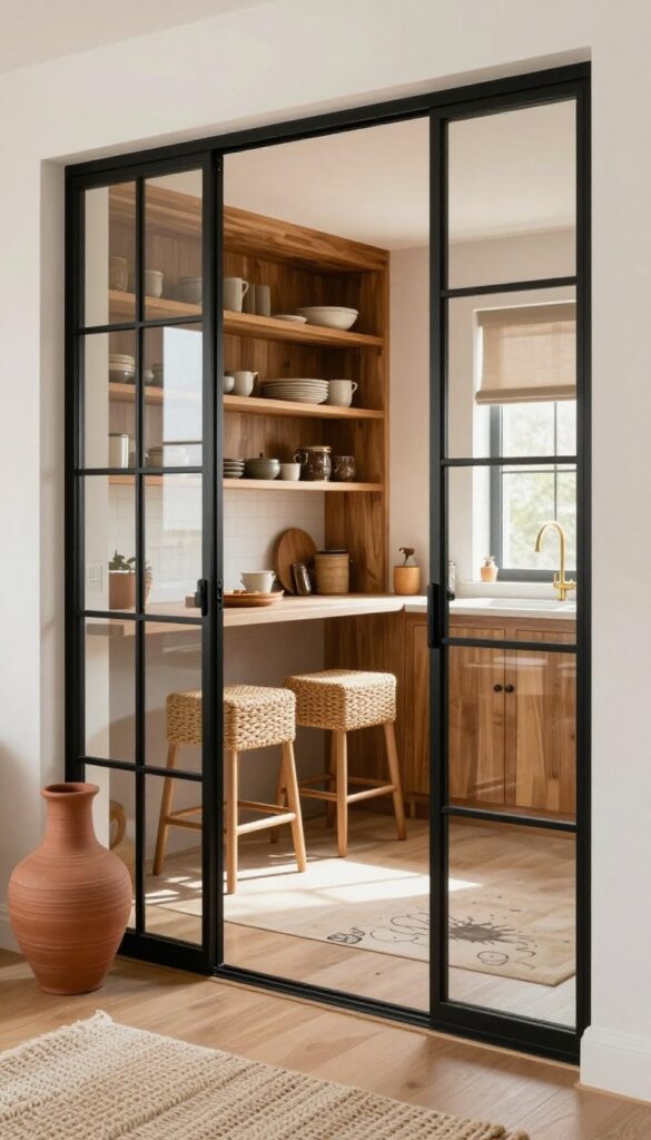 Black framed glass doors in a modern kitchen with warm wood and soft textures