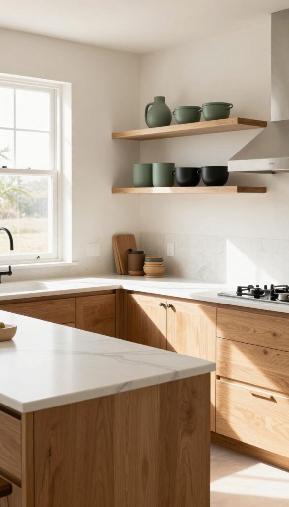 Bright Southwest kitchen with creamy white countertops, warm wood cabinets, terracotta tiles, and woven textures.