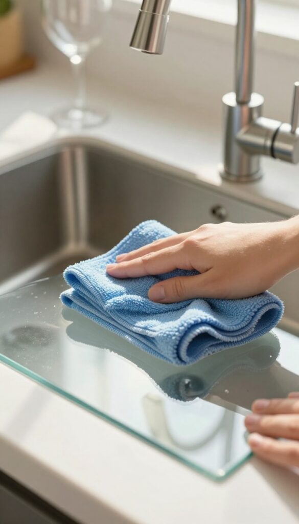 Person polishing a stainless steel faucet with a lint-free cloth, achieving a streak-free shine