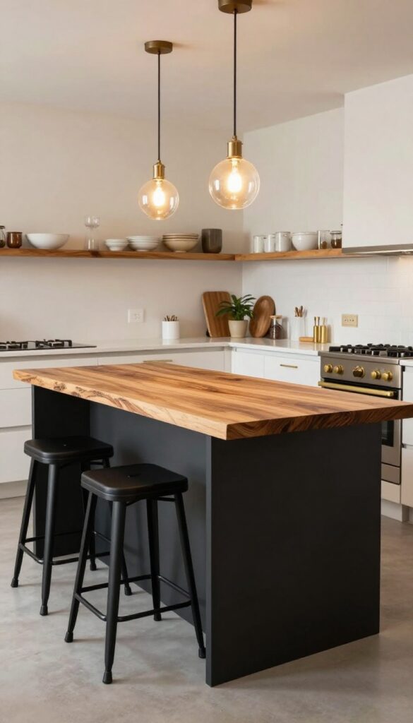 Modern kitchen with black island featuring live-edge wood top, pendant lights, and bar stools