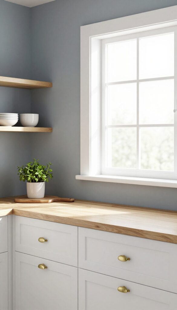 Muted blue-gray kitchen walls with white cabinets, brass hardware, and natural light