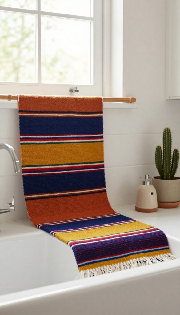 Woven serape tapestry hanging as kitchen backsplash accent behind sink with cactus and ceramic soap dispenser
