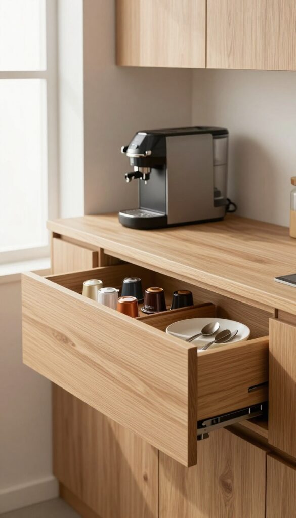 Under-cabinet coffee drawer with pods and filters, coffee machine on counter, bright kitchen
