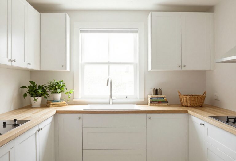 Bright kitchen with white cabinets and styled decor above them including trailing plants, books, and a basket.