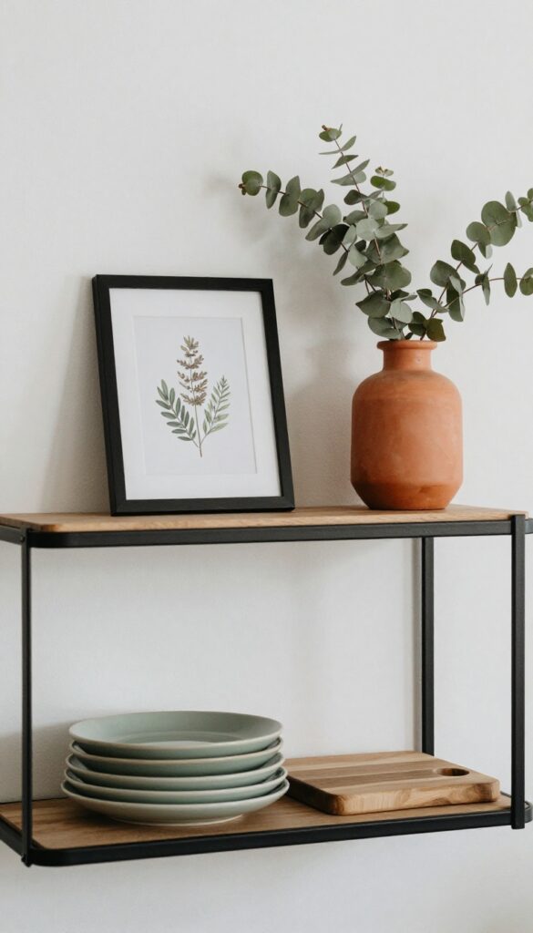 Kitchen shelf with leaned framed botanical print, terracotta vase, ceramic plates, and wooden cutting board in natural light