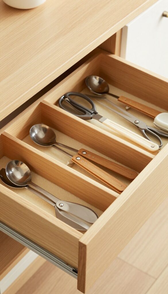 Organized butler's pantry drawer with adjustable dividers for cutlery and tools
