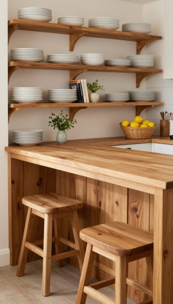 Kitchen peninsula with open shelving displaying dishes and cookbooks, stools underneath, bright natural light