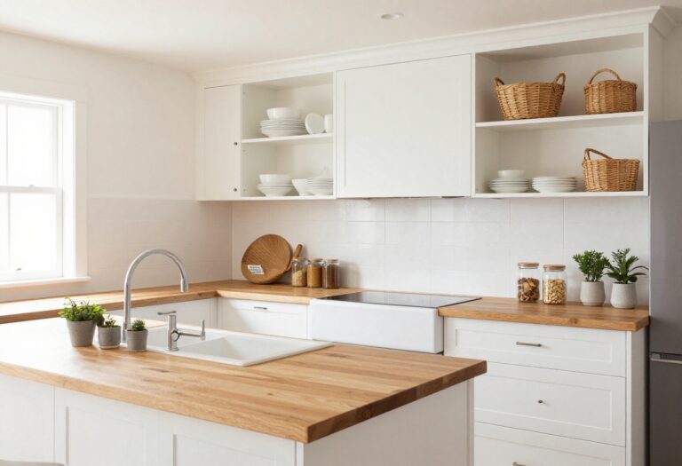 Modern farmhouse kitchen with open shelving, white cabinets, and organized countertop canisters.