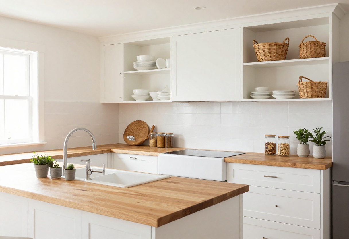 Modern farmhouse kitchen with open shelving, white cabinets, and organized countertop canisters.