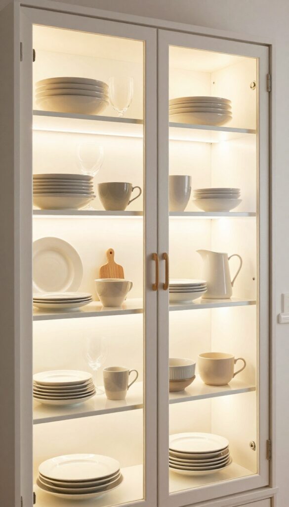 Glass-front kitchen cabinets with warm interior lighting displaying curated white and neutral dishware, creating a cozy and inviting atmosphere.