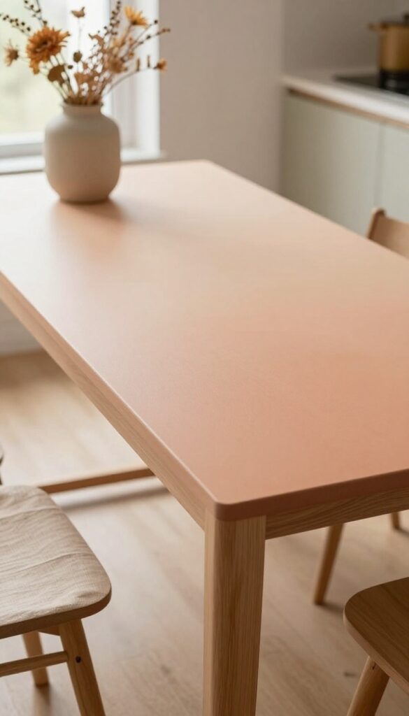 Ombre painted kitchen table with peach to terracotta gradient, natural wood legs, linen runner, and ceramic vase.