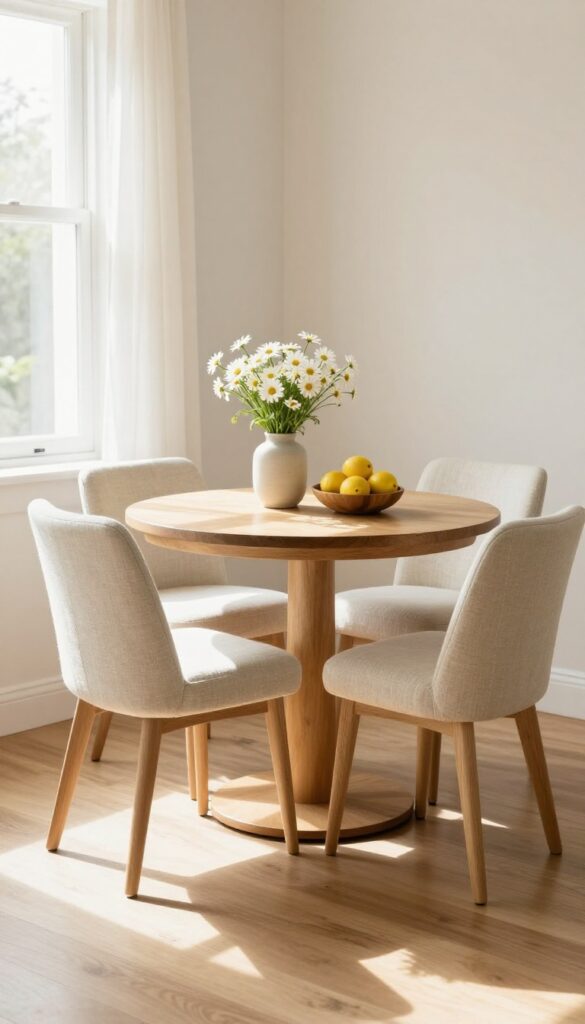 Small bistro table with two chairs in front of a sunny kitchen window, styled with flowers and fruit, light wood and cream linen, cozy and airy atmosphere.
