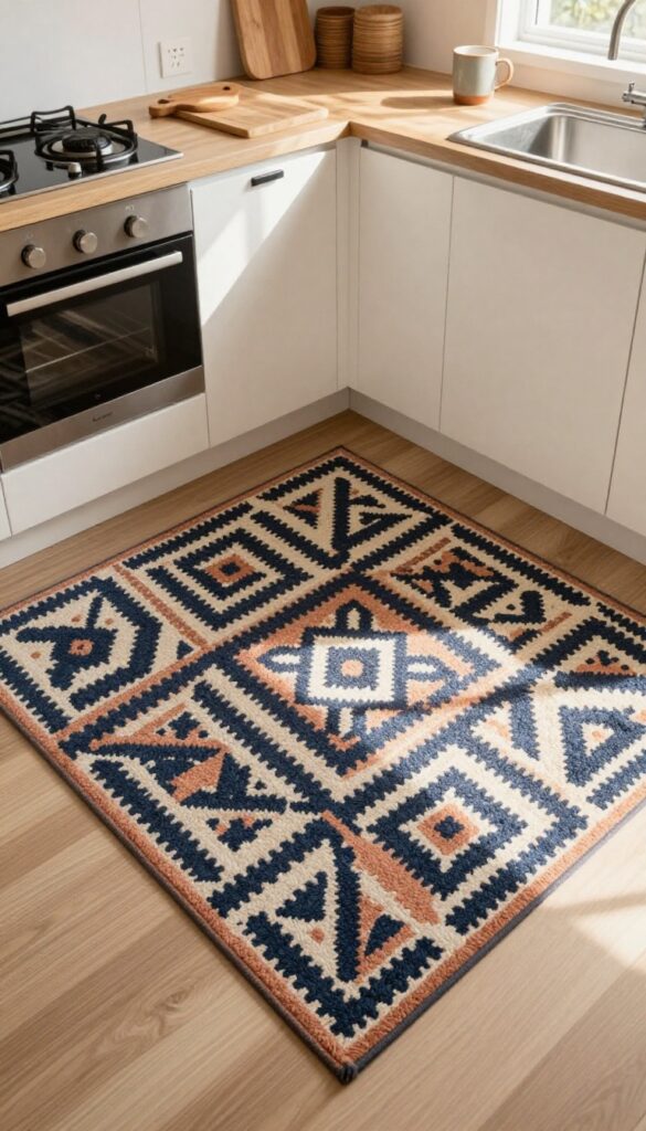 Camper kitchen with a soft patterned rug underfoot, adding warmth and texture to the compact space.