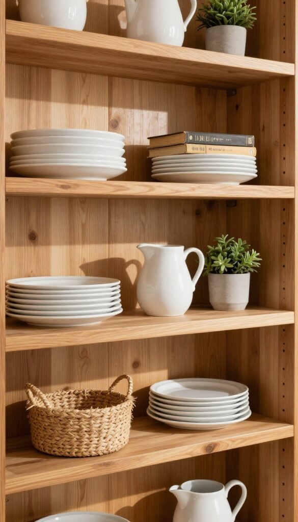 Open shelving with white dishes, woven baskets, and cookbooks in a farmhouse kitchen