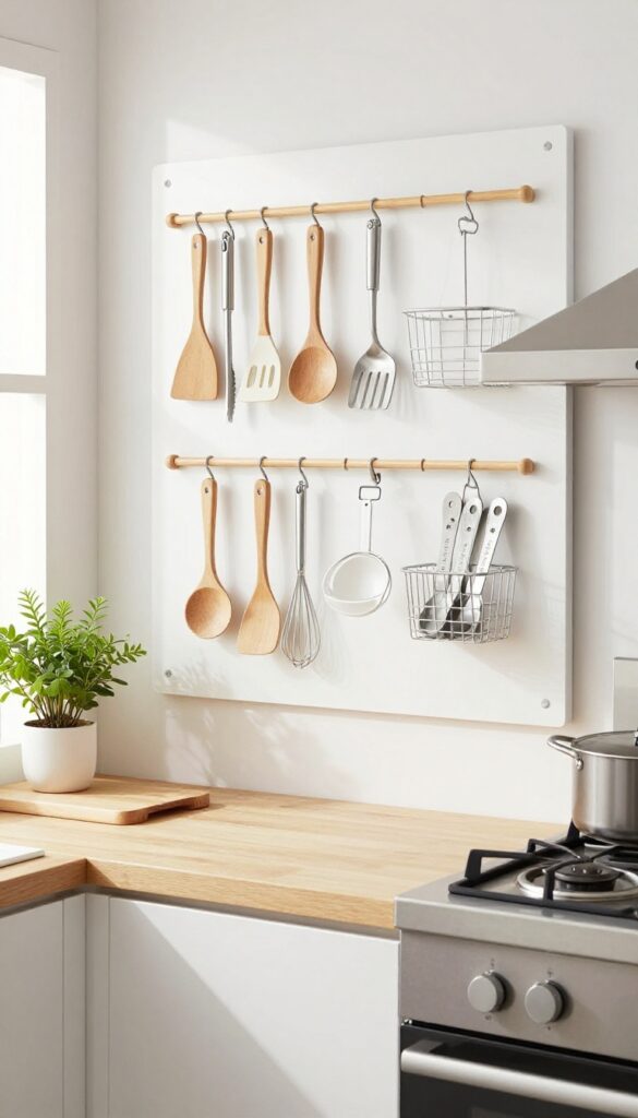 Pegboard kitchen organization with utensils on hooks and baskets near stove