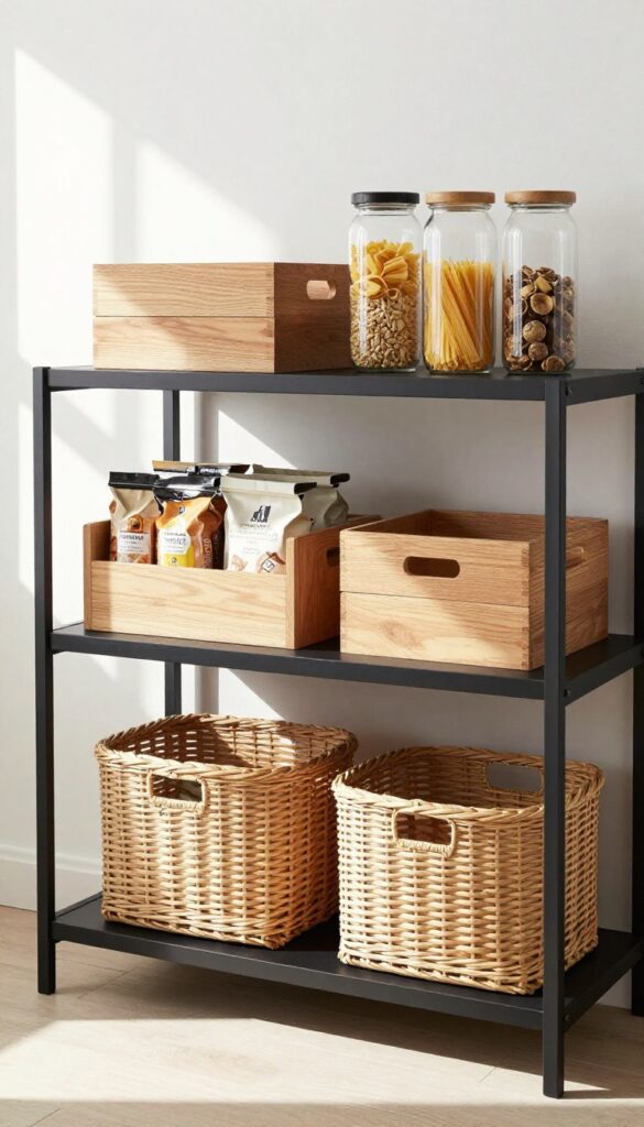 Pantry shelf with matte black bins, woven baskets, and wooden bin, organized and bathed in natural light.