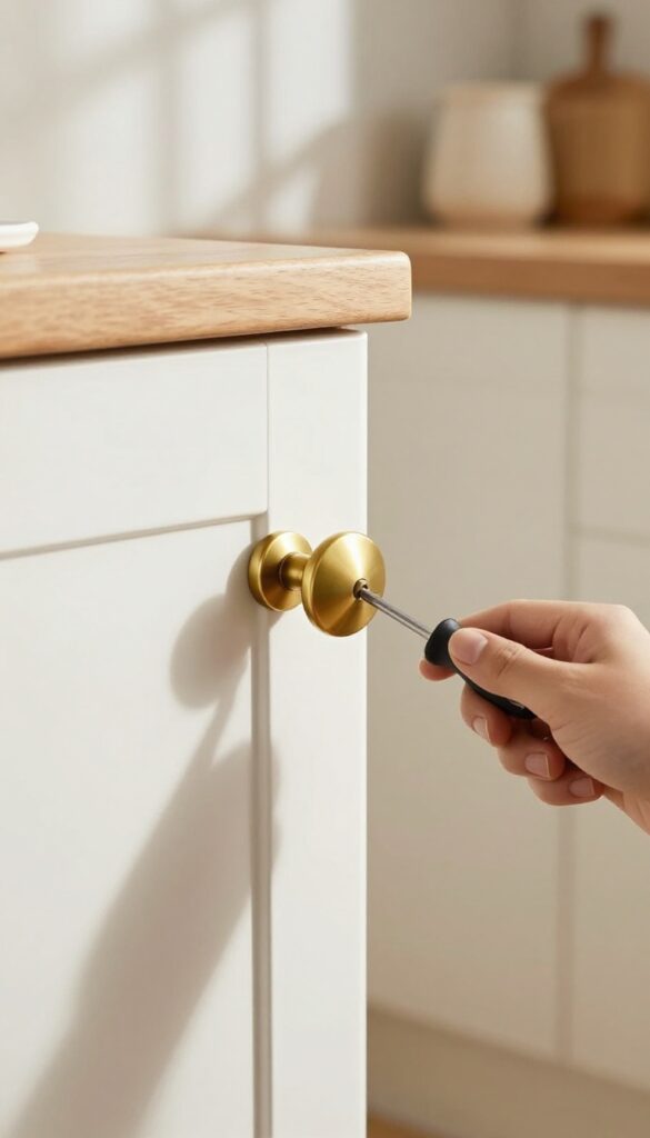 Hand installing a warm brass knob on a white kitchen cabinet door, bright natural light, soft shadows, blurred warm kitchen background
