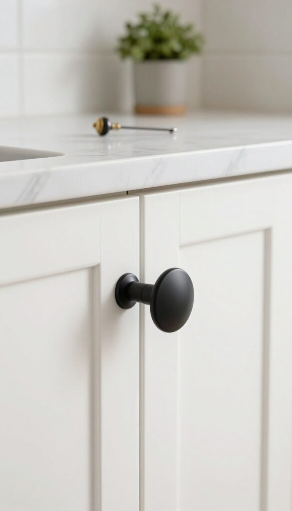 Swapping out old cabinet knobs for sleek matte black hardware in a small kitchen