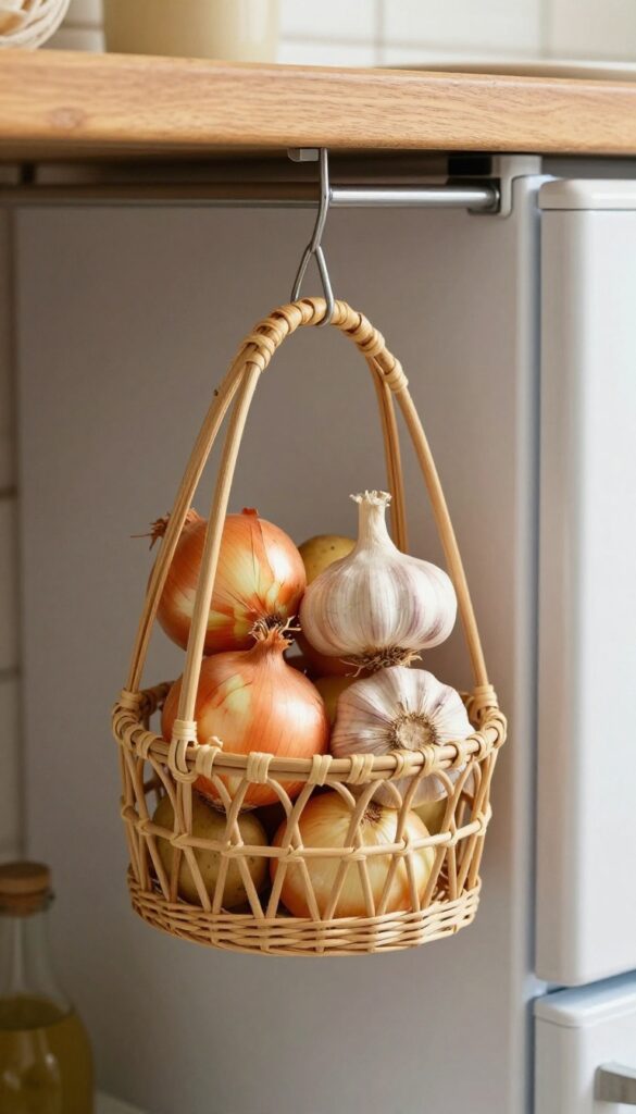 Hanging tiered basket filled with produce in a kitchen fridge corner