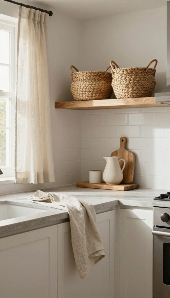 Modern country kitchen with woven baskets on open shelf and linen curtains