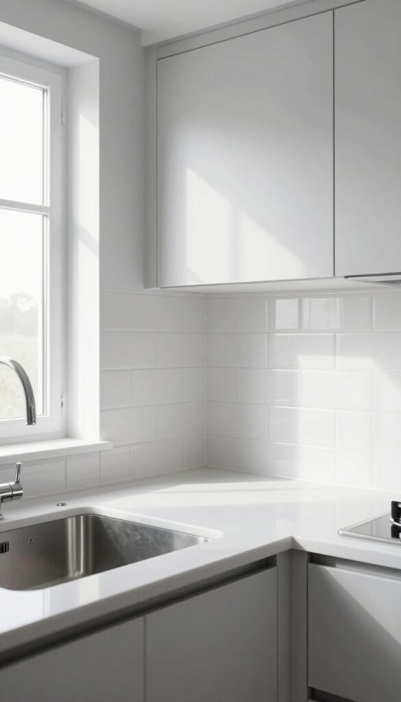 Small kitchen with mirrored backsplash reflecting light, creating an open and airy feel